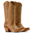 Pair of brown cowboy boots with intricate embossing on a white background