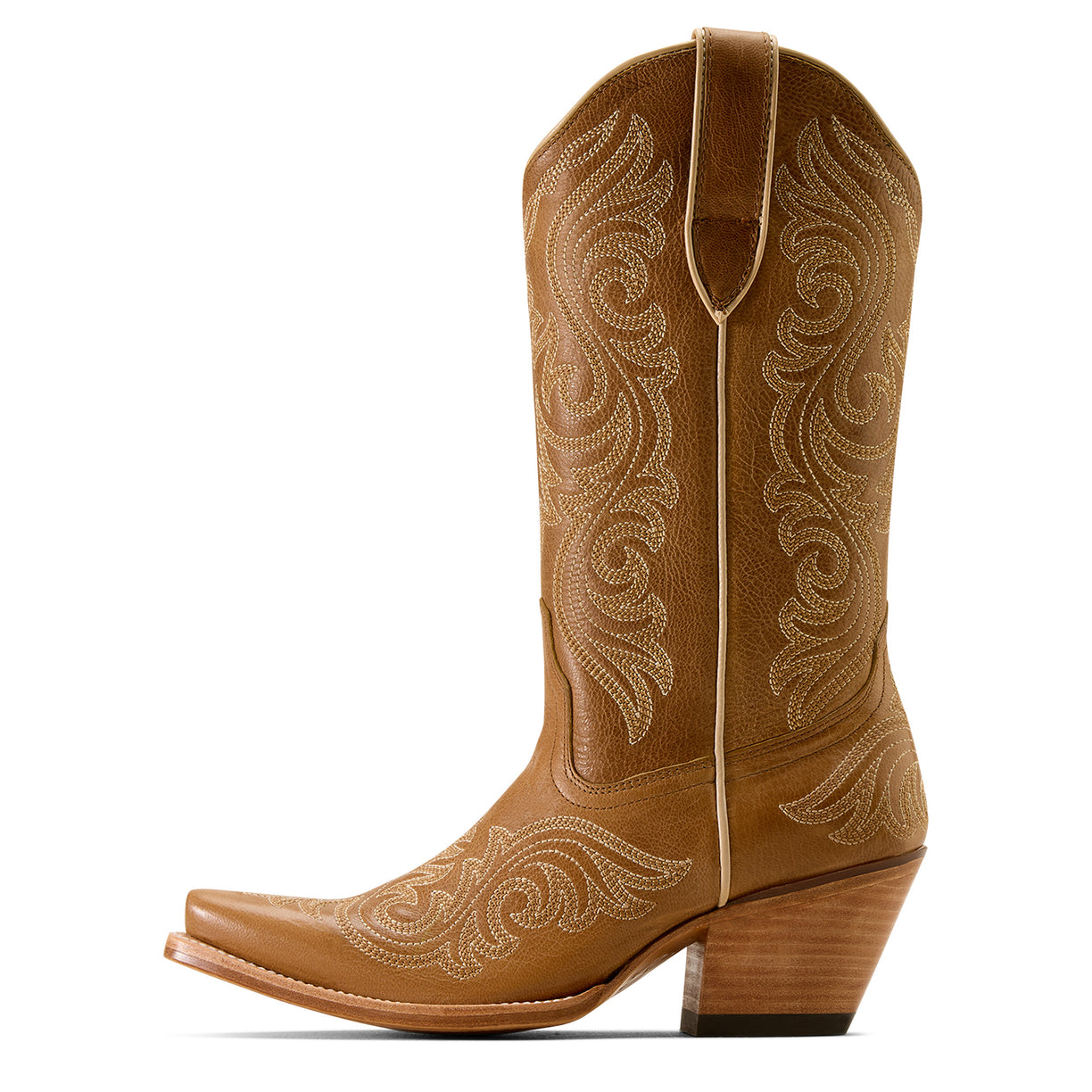 Tan cowboy boot with intricate white embroidery on a white background