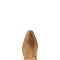 Tan cowboy boot with intricate embossing on a white background