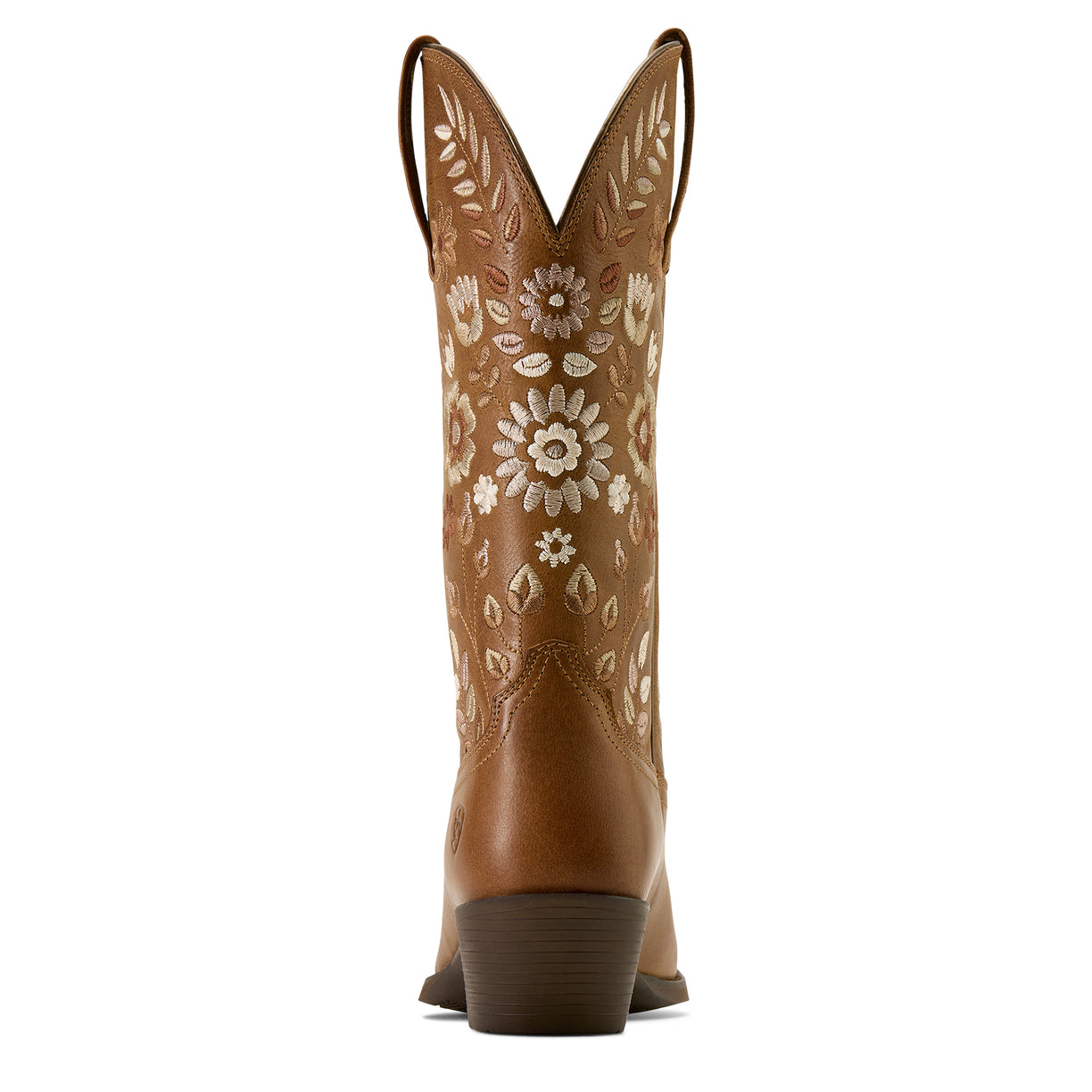 Brown cowboy boot with white floral embroidery on a white background