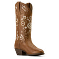 Brown cowboy boot with floral embroidery on a white background
