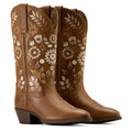 Pair of brown cowboy boots with floral embroidery on a white background