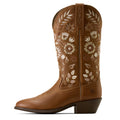 Brown cowboy boot with floral embroidery on a white background