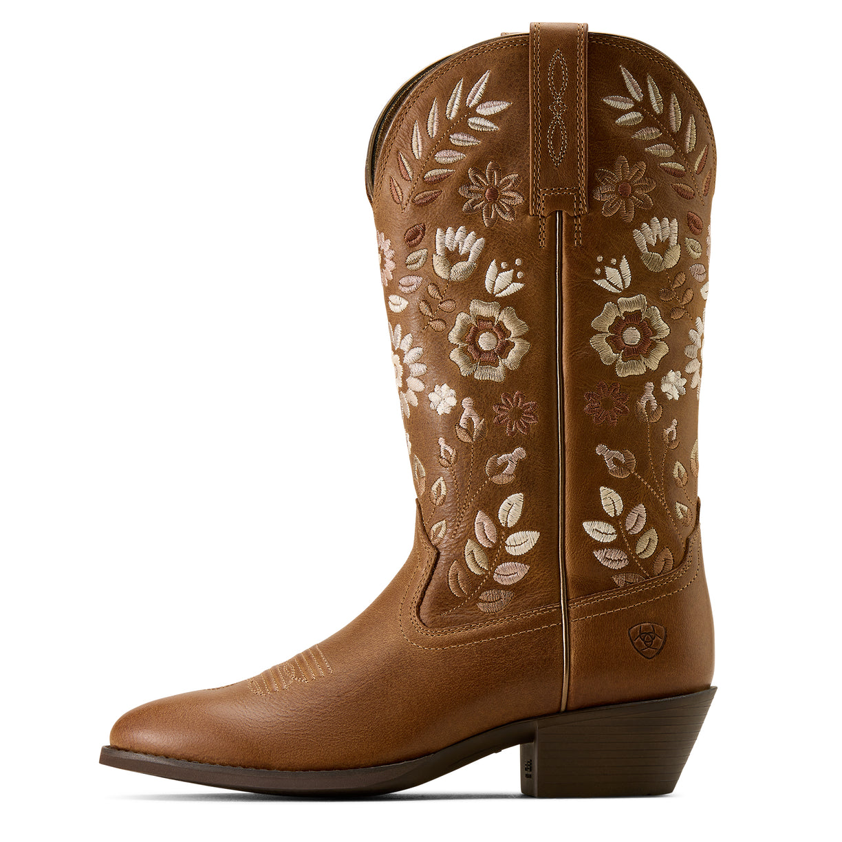 Brown cowboy boot with floral embroidery on a white background