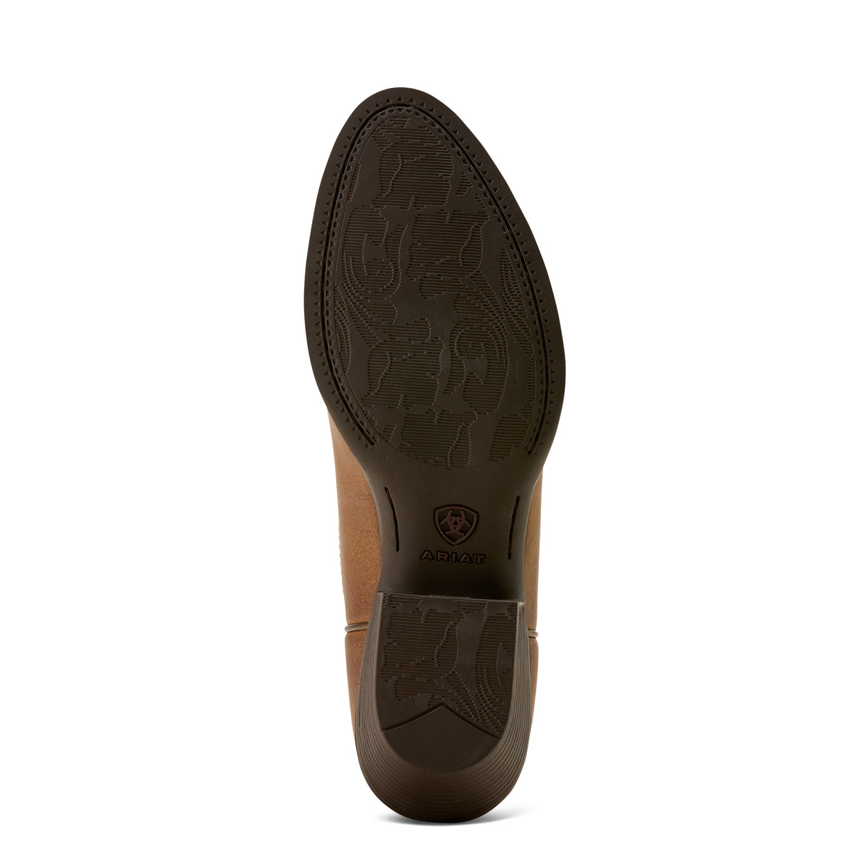 Brown leather boot sole with embossed design on a white background