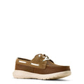Brown boat shoe with white sole on a white background
