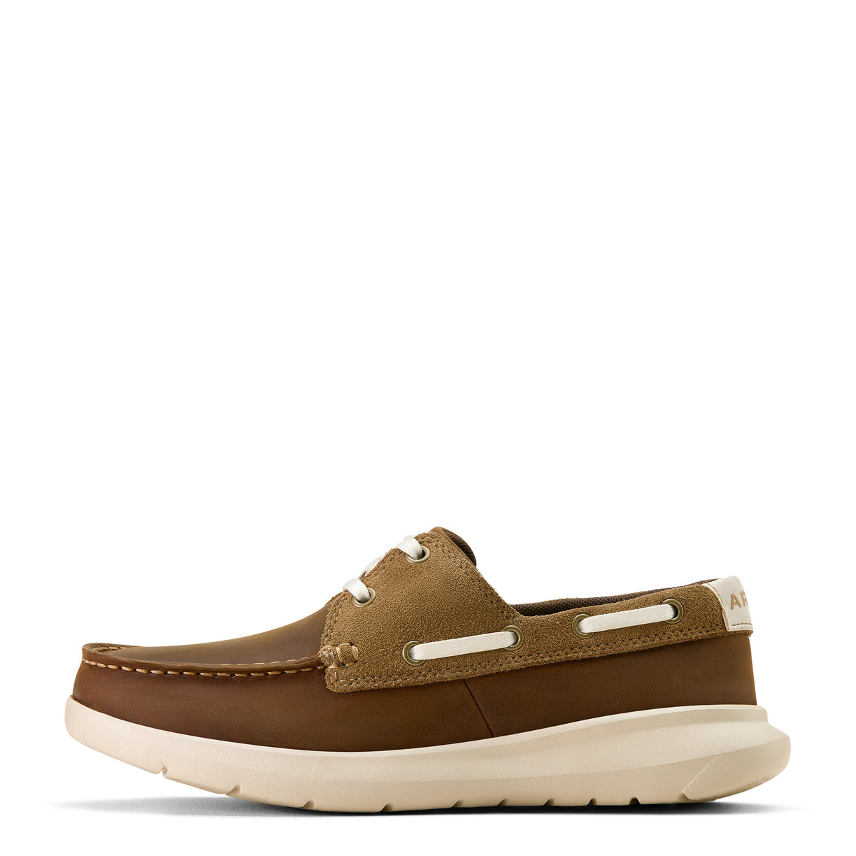 Brown boat shoe with white sole on a light beige background