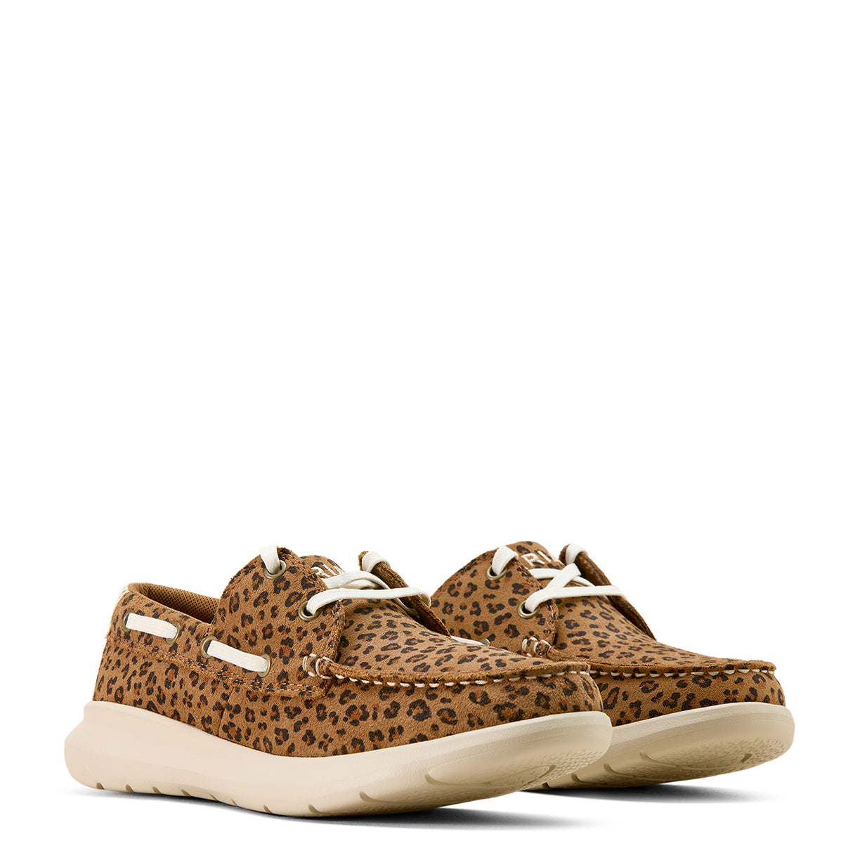 Pair of brown leopard print shoes with white soles on a white background