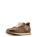 Brown sneaker with patterned accents on a white background