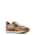 Bronze sneaker with leopard print pattern on a white background