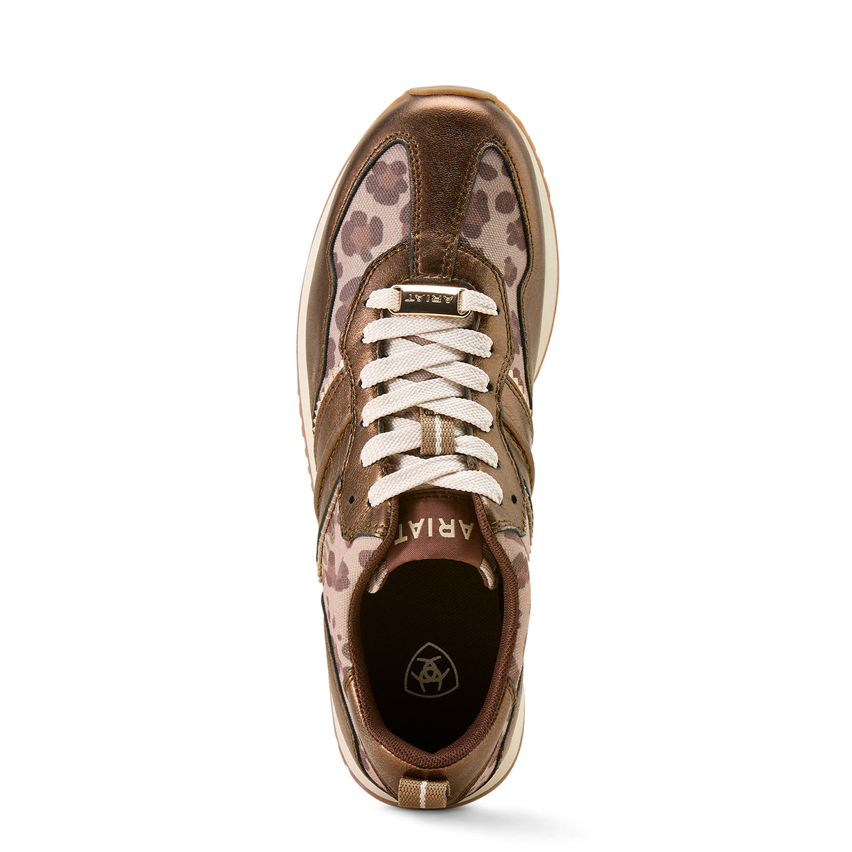 Brown sneaker with leopard print pattern on a white background