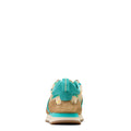 Back view of a blue and beige sneaker on a white background