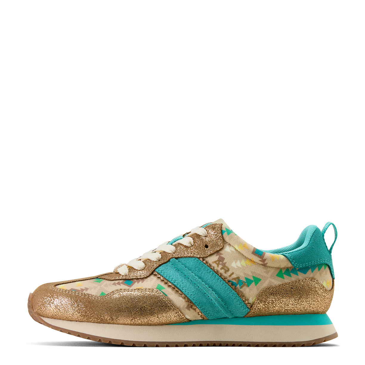 Gold and turquoise sneaker with decorative elements on a white background