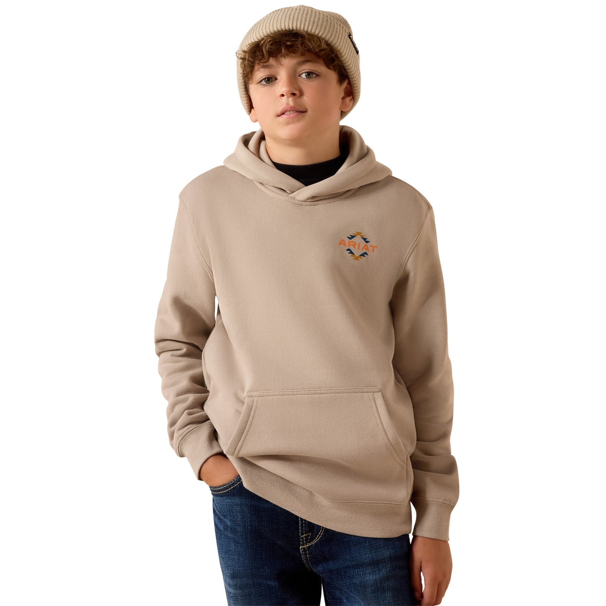 Kid's hooded jumper by ARIAT in beige. 