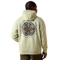Person wearing a beige hoodie with a brand logo on the back against a white background