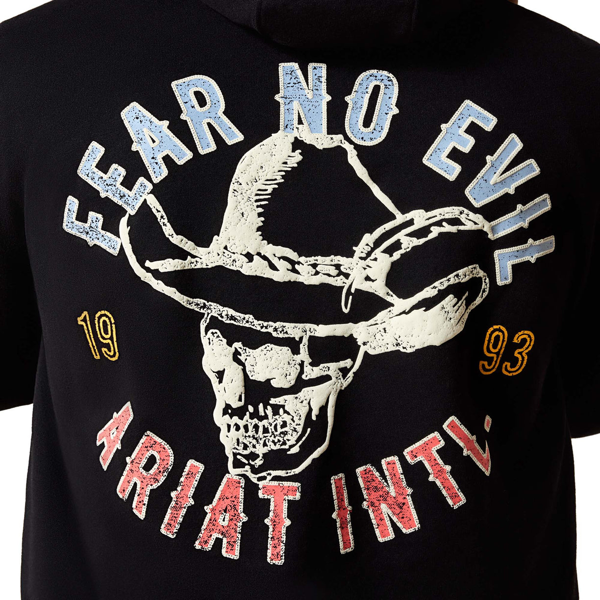 Close-up of a black hoodie featuring a distressed graphic print of a skull wearing a cowboy hat, with the text 'FEAR NO EVIL' in light blue and 'Ariat Intl.' in red, plus yellow numbers '19' and '93'.