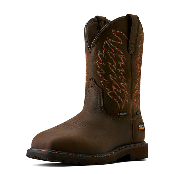 Brown cowboy boot with intricate stitching on a white background