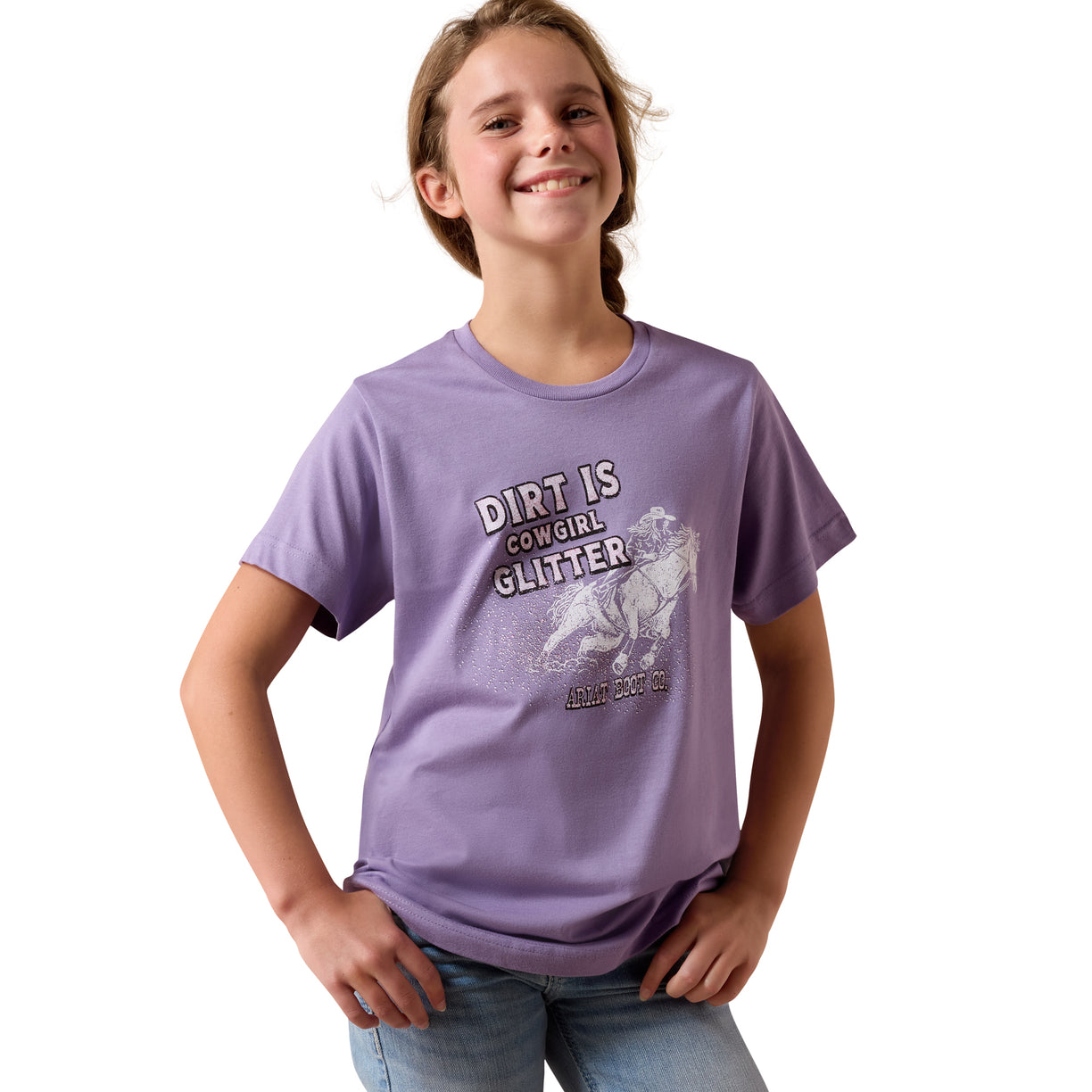 Young girl wearing a purple t-shirt with 'Dirt is Cowgirl Glitter' text and graphic