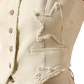 Close-up of a beige jacket with star patterns and button details on a white background