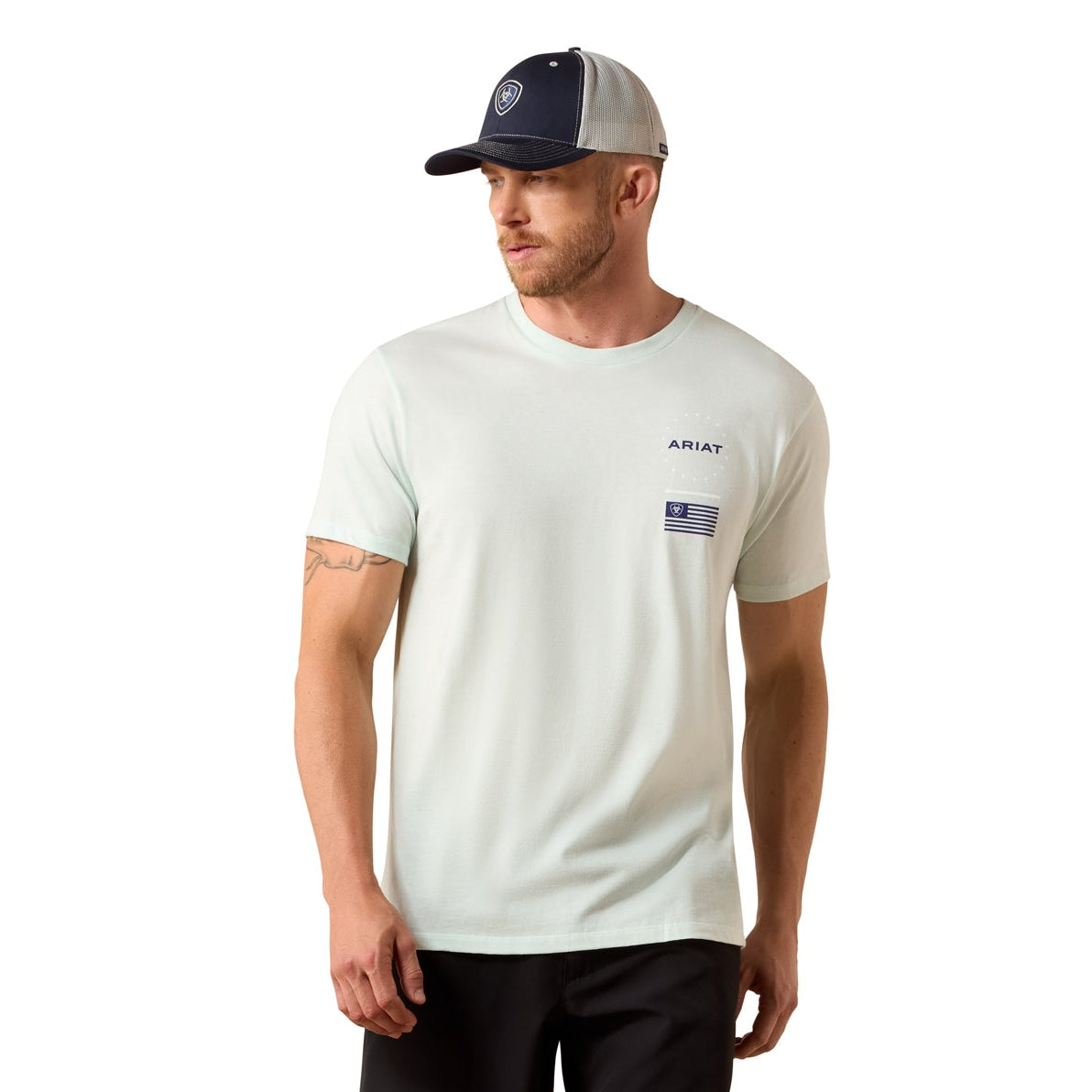 Man wearing a white t-shirt, black shorts, and a cap on a white background