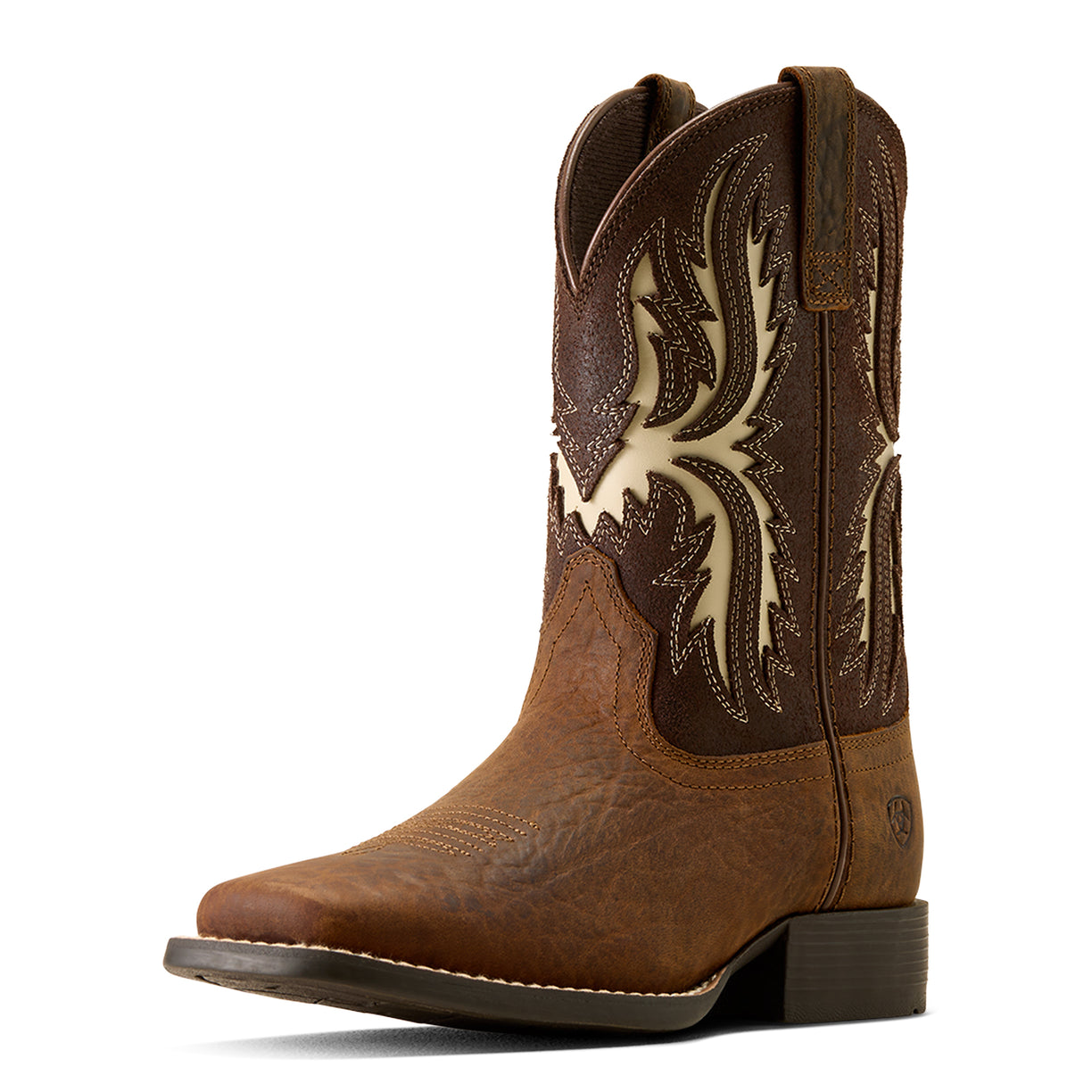 Brown Ariat cowboy boot with intricate white stitching on a white background