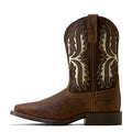 Brown Ariat cowboy boot with intricate white stitching on a white background