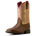 Brown and gold kids' cowgirl boot with pink stitching on a white background