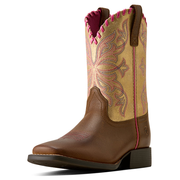 Brown and gold kids' cowgirl boot with pink stitching on a white background