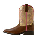 Brown and gold Ariat Kids' cowgirl boot with pink stitching on a white background