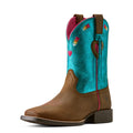 Brown and turquoise Ariat kids' cowboy boot with colourful heart designs