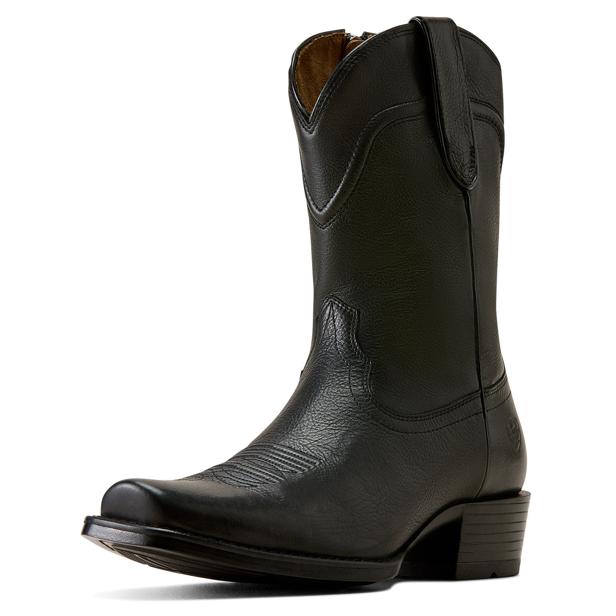 Black Ariat cowboy boot with square toe and pull straps