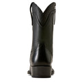Heel view of Black Ariat cowboy boot with square toe and pull straps