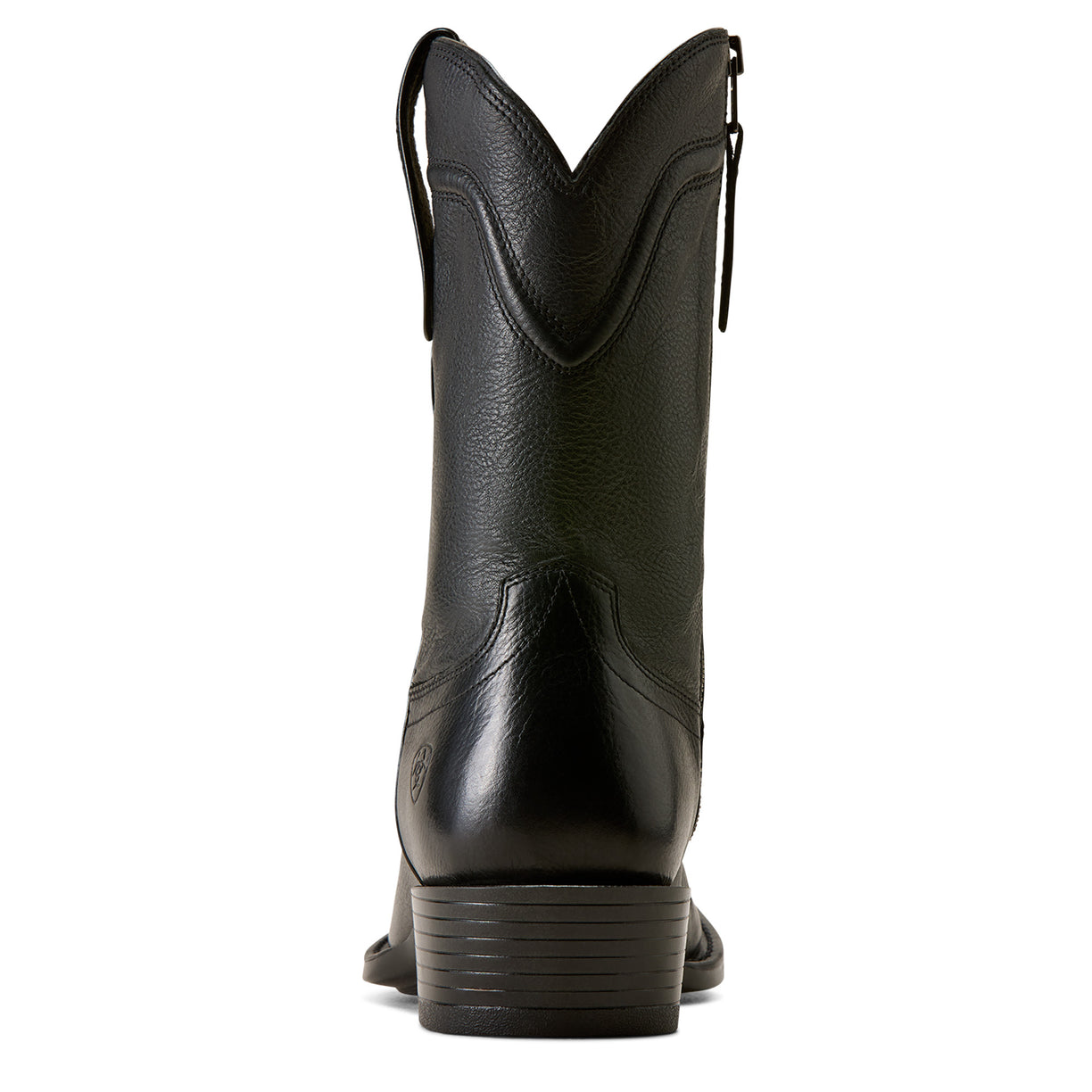 Heel view of Black Ariat cowboy boot with square toe and pull straps