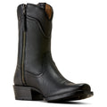 Black Ariat cowboy boot with square toe and pull straps, inner side view