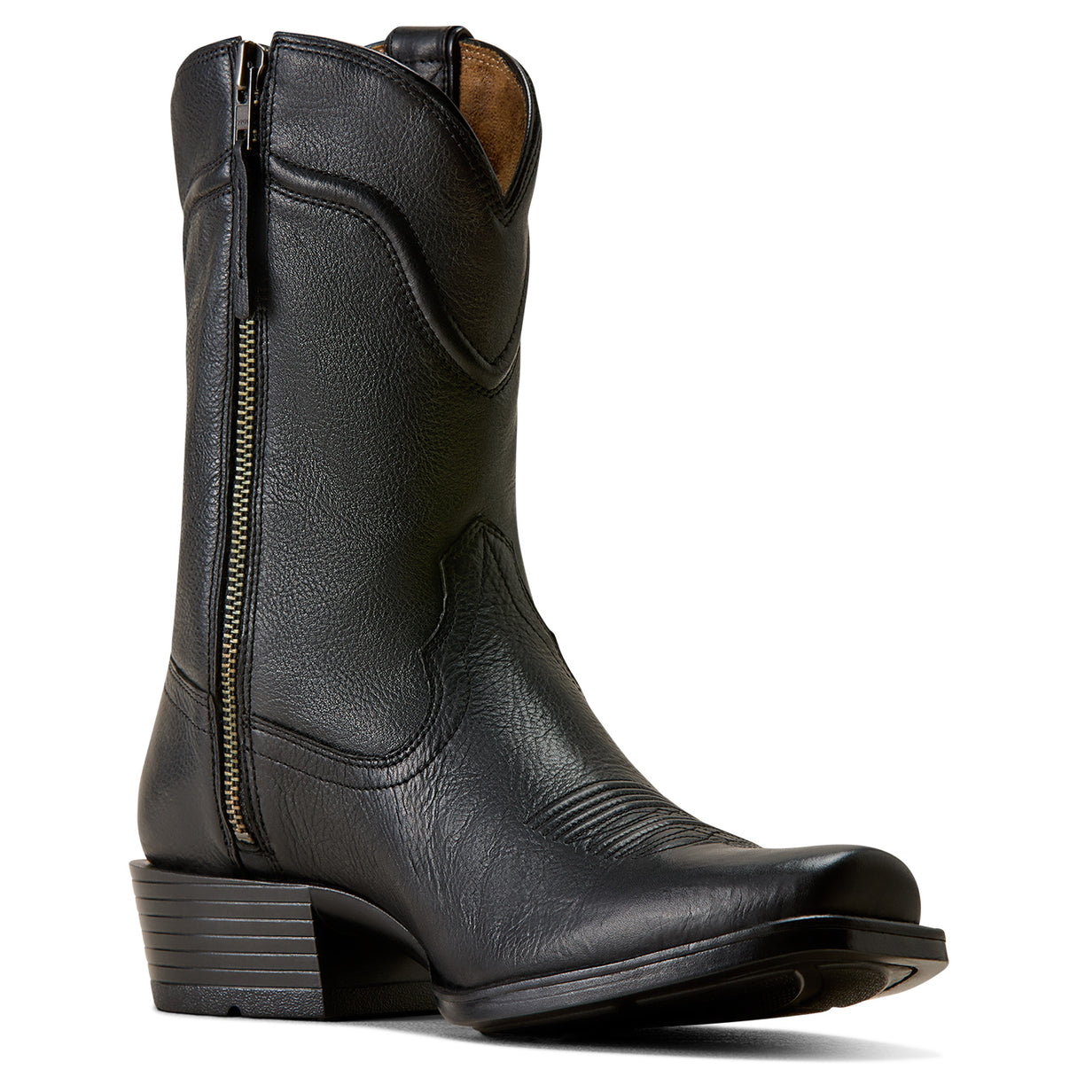 Black Ariat cowboy boot with square toe and pull straps, inner side view