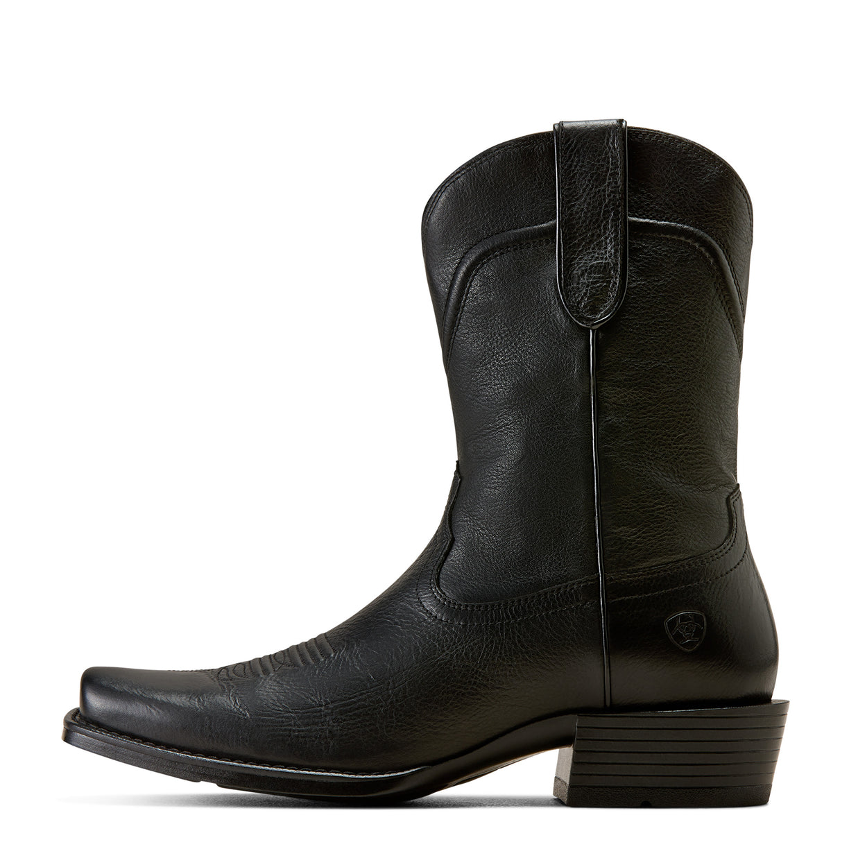 Black Ariat cowboy boot with square toe and pull straps, side view