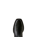 Toe detail of Black Ariat cowboy boot with square toe and pull straps