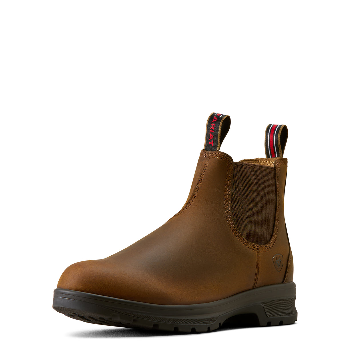 Ariat brown leather Chelsea boot with an Ariat brand logo on a white background