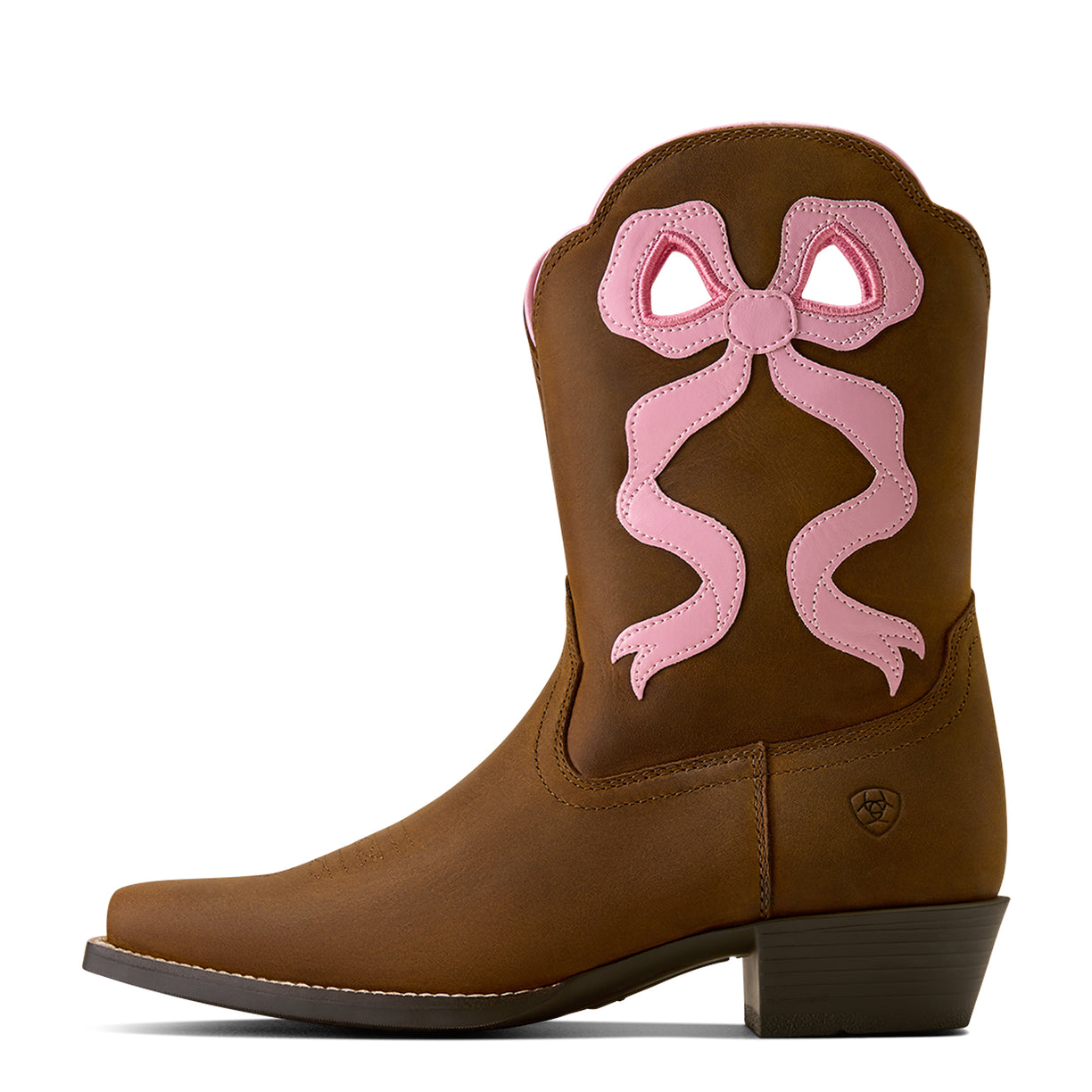 Brown cowboy boot with a pink bow on a white background