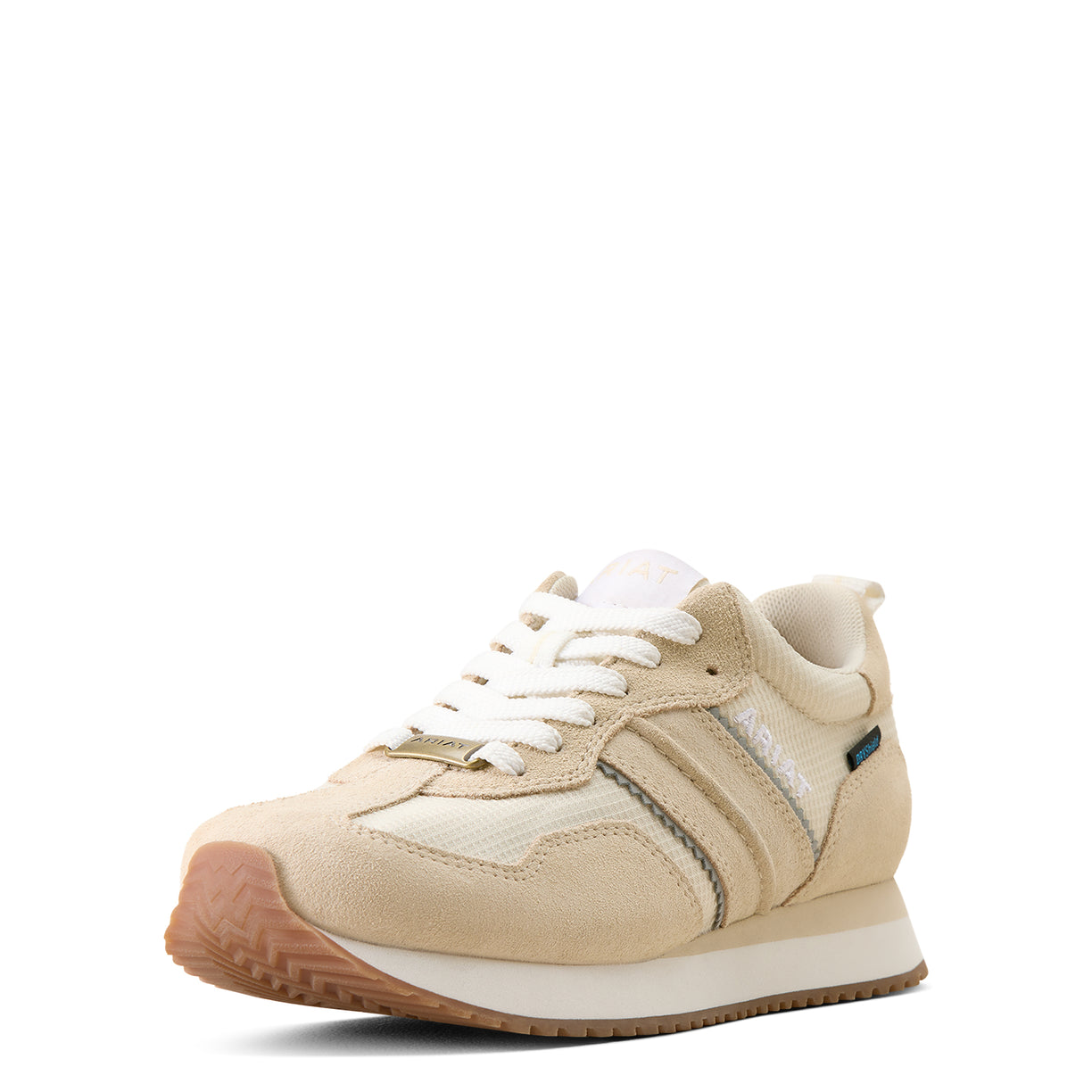 Beige sneaker with white laces on a white background