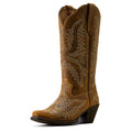 Brown cowboy boot with intricate white embroidery on a white background