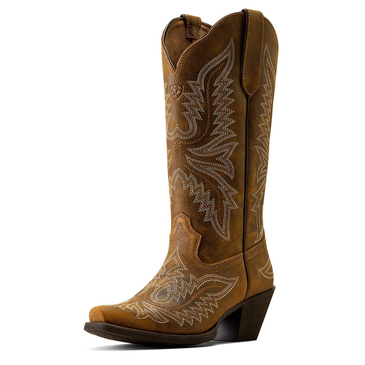 Brown cowboy boot with intricate white embroidery on a white background