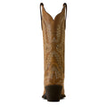 Brown cowboy boot with intricate white embroidery on a white background