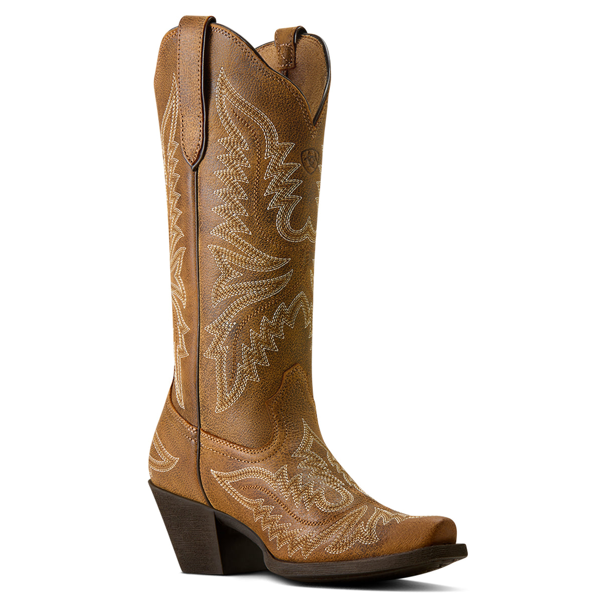 Brown cowboy boot with intricate patterns on a white background