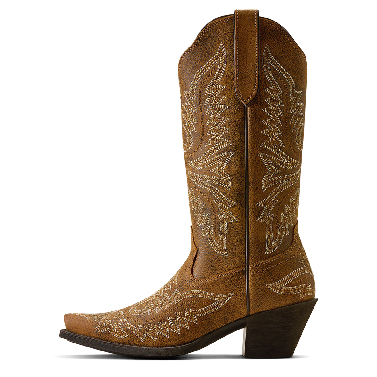 Brown cowboy boot with intricate white embroidery on a white background