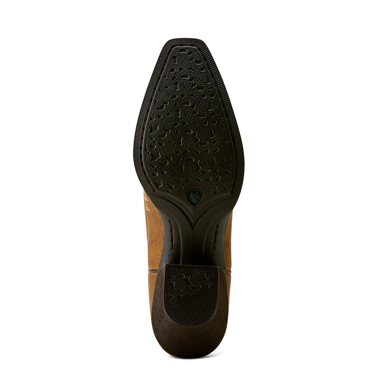 Brown suede shoe sole with black tread pattern on a white background
