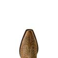 Brown boot with intricate embossed design on a white background