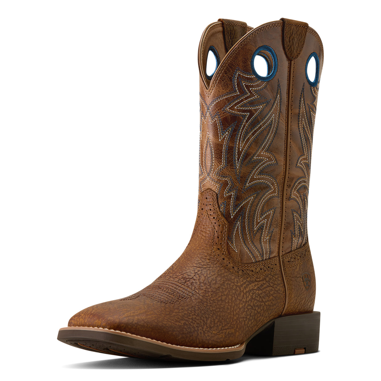 Brown cowboy boot with intricate stitching on a white background