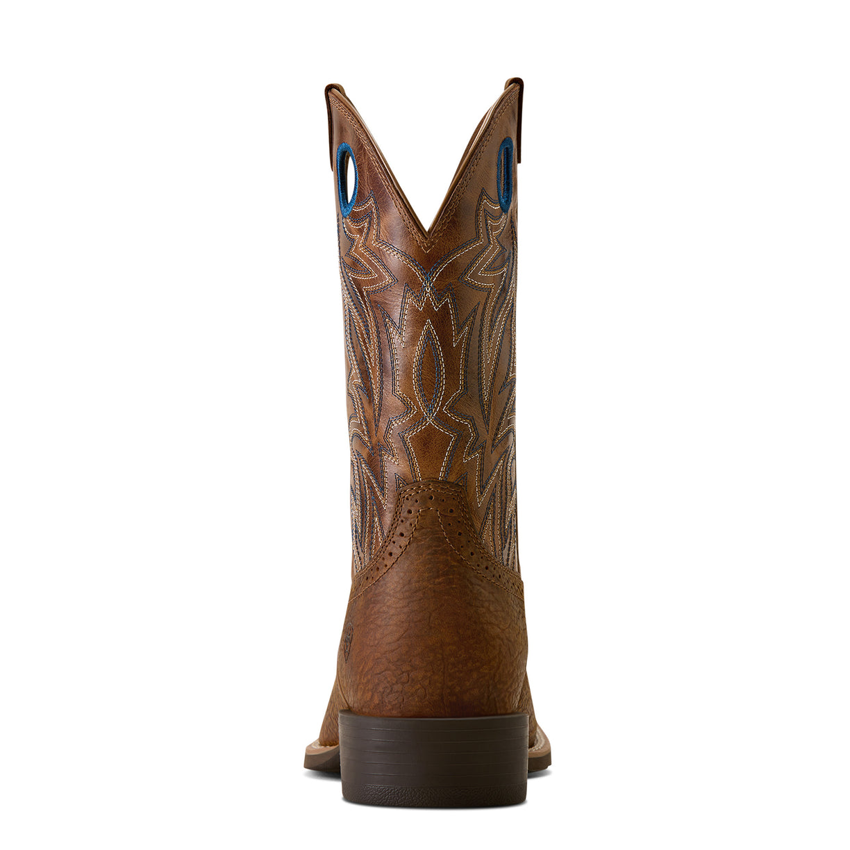 Brown cowboy boot with intricate design on a white background