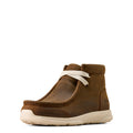 A brown leather slip-on moccasin-style boot with a thick off-white sole and a matching off-white elastic band across the ankle, shown from a side profile on a white background.